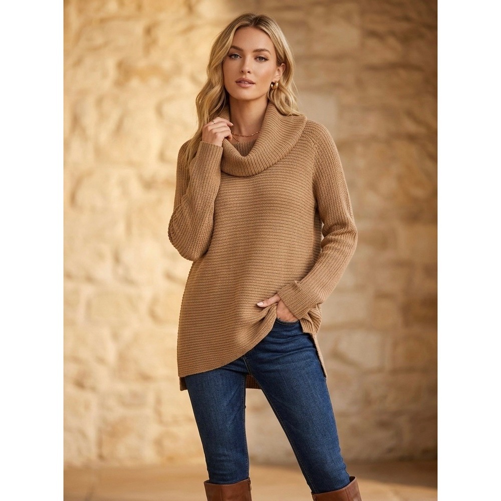 Vince Camel Brown Wool Alpaca Blend Cowl Neck Ribbed Tunic Sweater V107974153 S